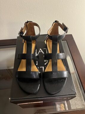 Naturalized Huda Classic Black T-Strap Ankle Sandals for Women